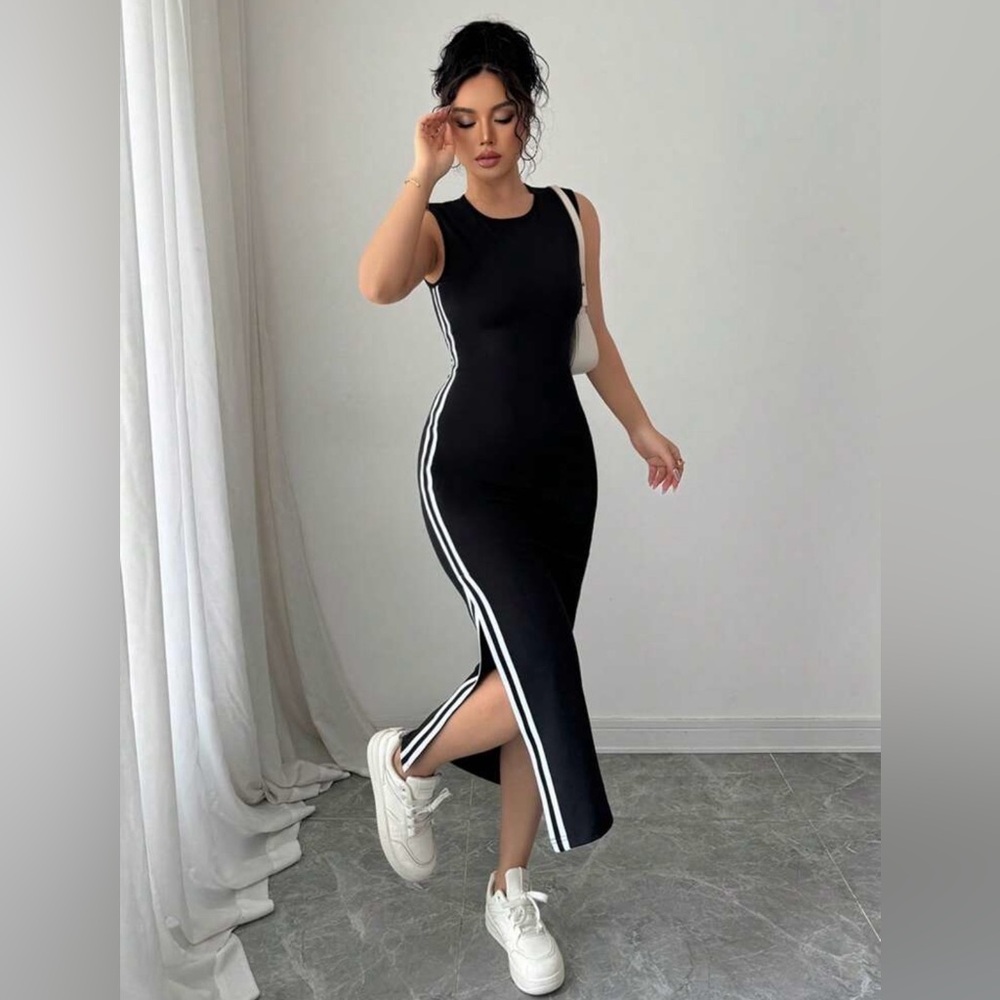 SHEIN Black Maxi Dress with White Side Stripes